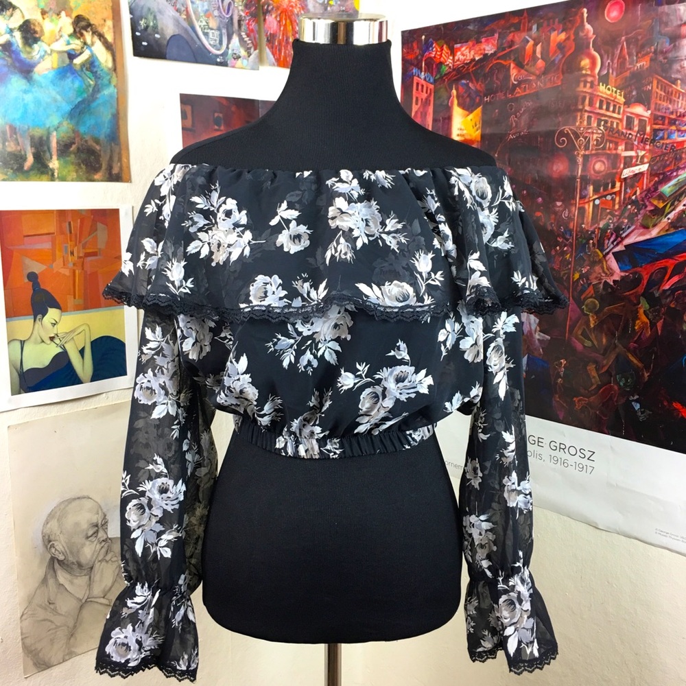 VTG 80s black sheer floral ots ruffle crop top